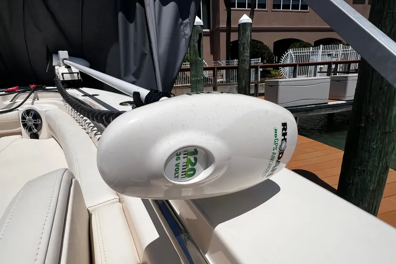 Slide: The Image of 2021 Grady-White Canyon 336 boat with Minn Kota trolling motor at dock. - 76