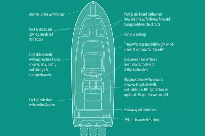 Slide: The Image of Manufacturer Provided Image: Diagram of 2021 Grady-White Canyon 336 boat layout and features. - 81