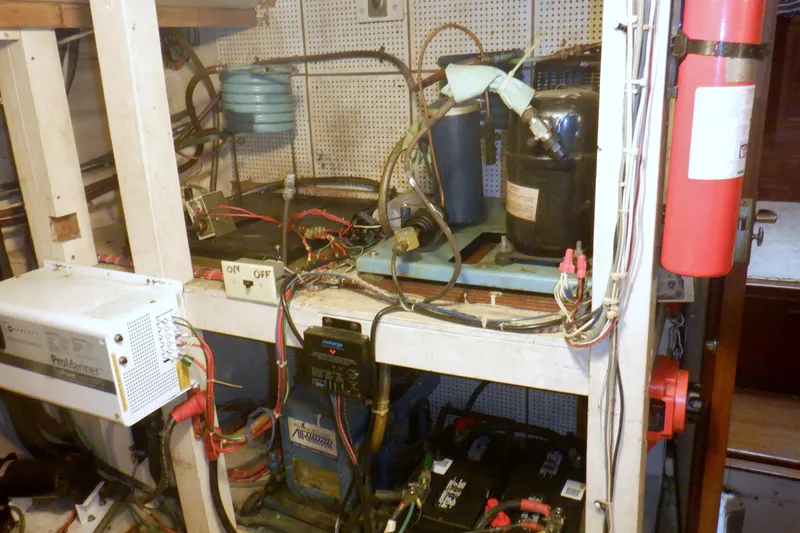 Slide: The Image of Electrical system and components inside a 1980 Grand Banks 49 Classic boat. - 44