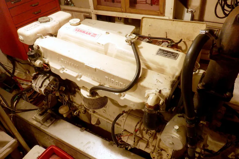 Slide: The Image of Engine room of a 1980 Grand Banks 49 Classic with Lehman diesel engine. - 55