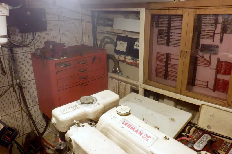 Slide: The Image of Engine room of a 1980 Grand Banks 49 Classic with Lehman Ford diesel engine. - 56