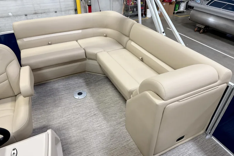 Slide: The Image of Luxurious beige seating on 2026 Godfrey EX 1880 CX pontoon boat, showcasing comfort and style. - 4