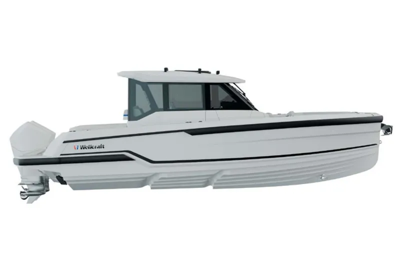 Slide: The Image of Manufacturer Provided Image: 2026 Wellcraft 28 Explorer boat, sleek white design, side view. - 2