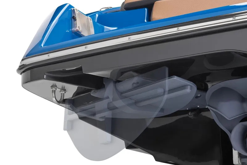 Slide: The Image of Rear view of 2026 Yamaha Boats 255XD, showcasing sleek blue and black design. - 21