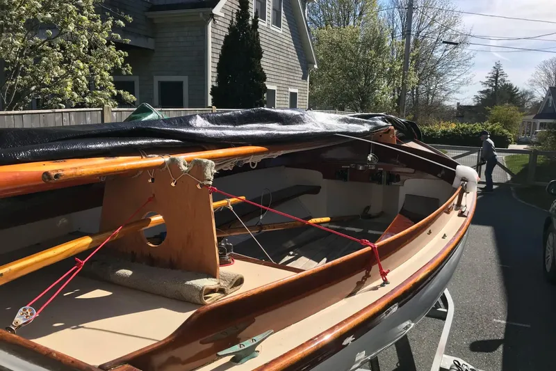 Slide: The Image of 1981 Edey & Duff Doughdish sailboat on trailer, parked in residential driveway. - 10