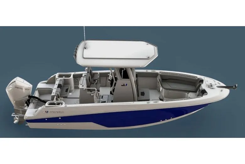 Slide: The Image of Manufacturer Provided Image: 2026 Wellcraft 243 Fisherman boat with blue hull and outboard motor, top view. - 3