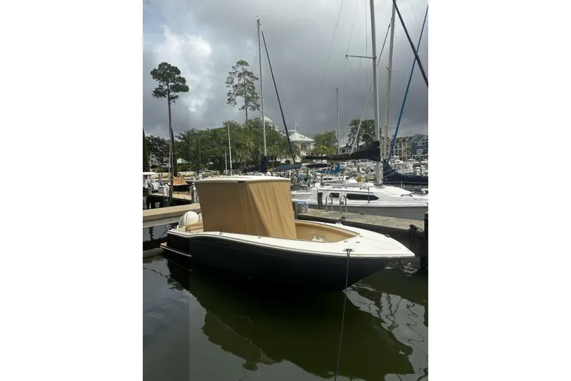 Slide: The Image of 2019 Scout 255 LXF boat docked in a marina under cloudy skies. - 5