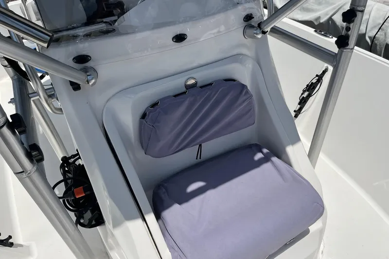 Slide: The Image of 2022 K2 Marine boat seat with purple cushions and metal frame. - 3