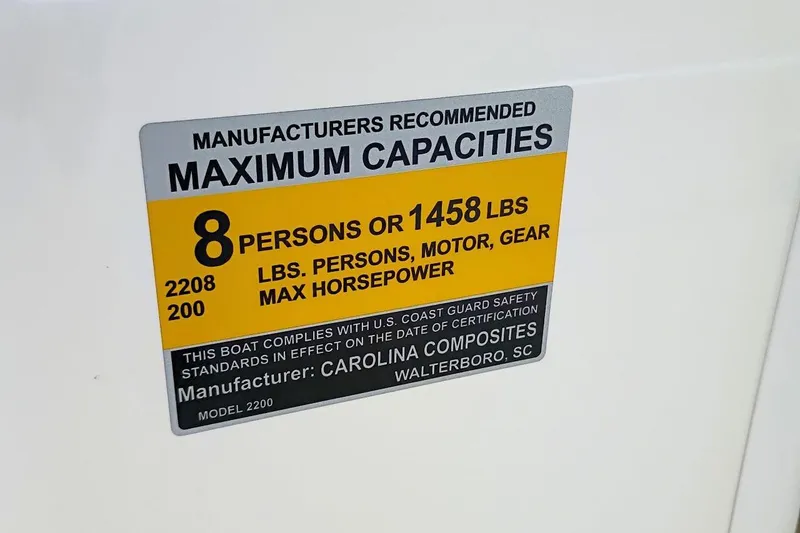 Slide: The Image of 2023 Bulls Bay 2200 boat capacity label: 8 persons or 1458 lbs, 200 max horsepower. - 45