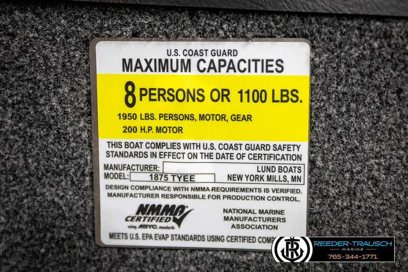 Slide: The Image of 2023 Lund 1875 Tyee capacity label, U.S. Coast Guard certified for 8 persons or 1100 lbs. - 67