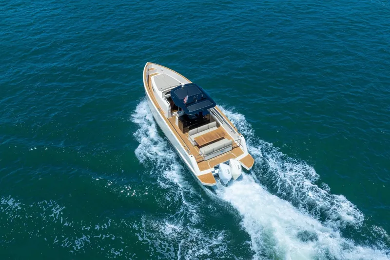 Slide: The Image of Aerial view of 2020 Pardo Yachts 38 cruising on open water. - 11