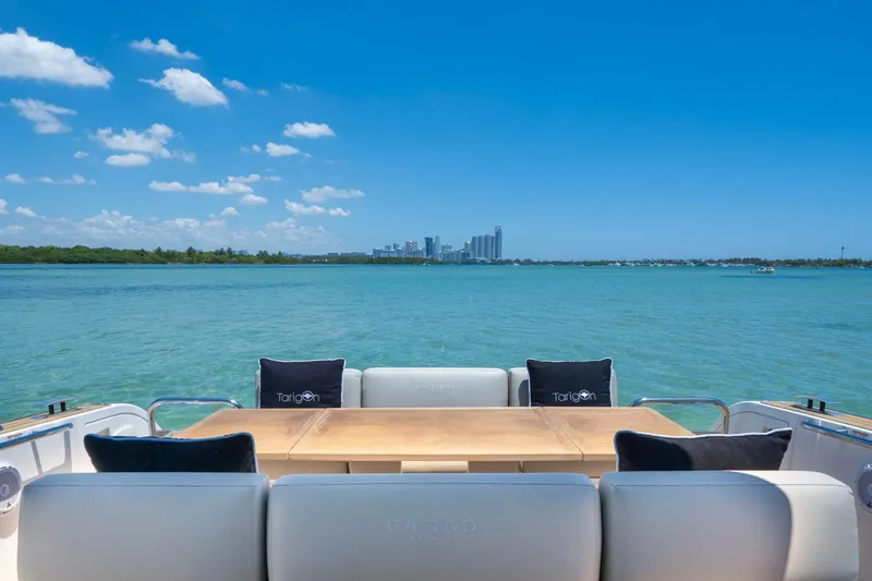Slide: The Image of Luxury Pardo Yachts 38, 2020 model, with scenic ocean view and city skyline. - 14