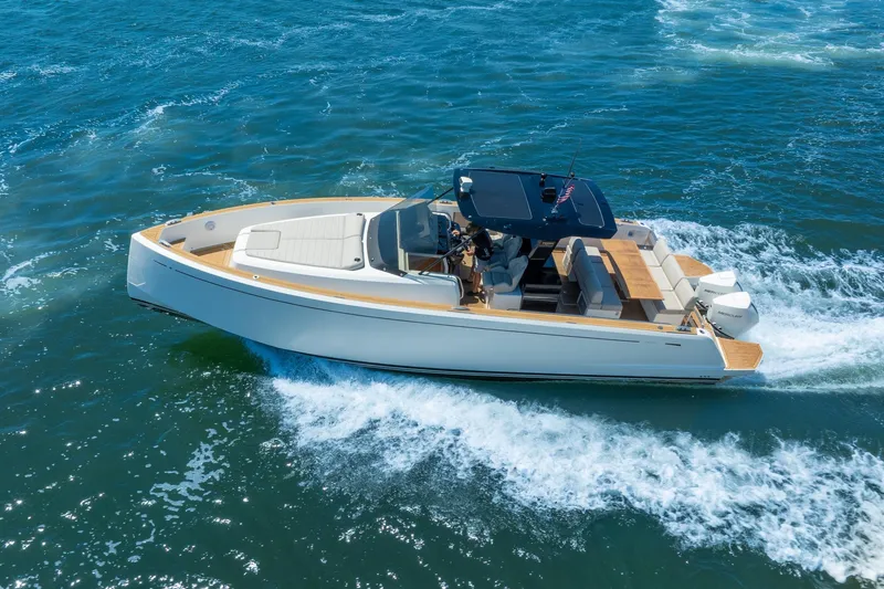 Slide: The Image of 2020 Pardo Yachts 38 cruising on open water, showcasing sleek design and luxury features. - 26