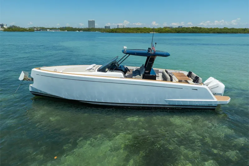 Slide: The Image of 2020 Pardo Yachts 38 in clear blue water, showcasing sleek design and luxury features. - 35