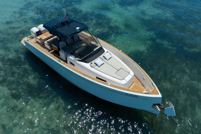 Slide: The Image of 2020 Pardo Yachts 38 luxury boat on clear blue water, showcasing sleek design and elegance. - 5