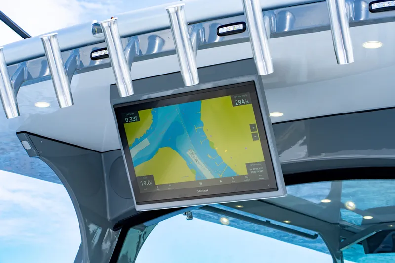 Slide: The Image of Navigation screen on 2027 HCB 65 Estrella boat, displaying a detailed marine map. - 65