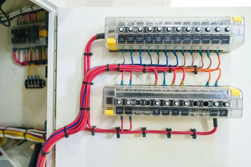 Slide: The Image of Electrical panel with labeled switches and wiring in a 2022 SeaVee 370Z boat. - 38