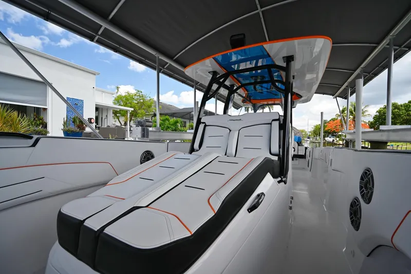 Slide: The Image of 2027 Renegade 38' Open boat interior with sleek seating and modern design. - 12