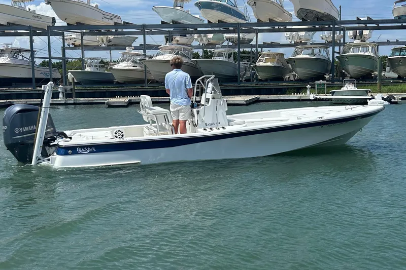 The Image of A 2011 BlackJack 224 boat with Yamaha engine, docked in a marina with stacked boats. - 1