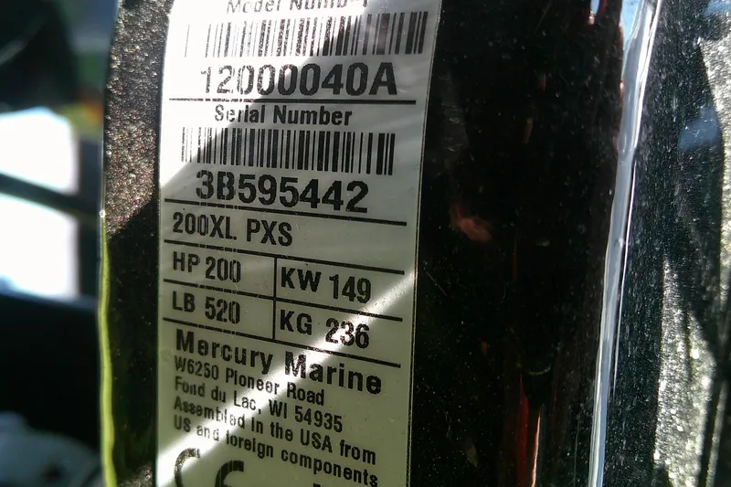 Slide: The Image of Label on Mercury Marine engine, model 200XL PXS, 200 HP, for Nitro ZV19 Sport Pro 2026. - 15