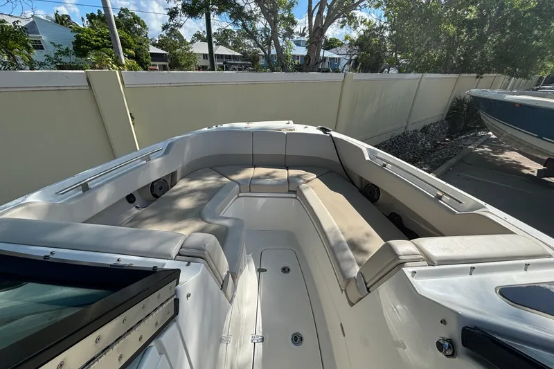 Slide: The Image of 2024 Boston Whaler 320 Vantage boat interior with spacious seating and modern design. - 9