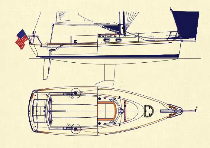 Slide: The Image of Manufacturer Provided Image: Blueprint of 2025 Tartan Fantail sailboat, side and top views, featuring detailed design elements. - 6