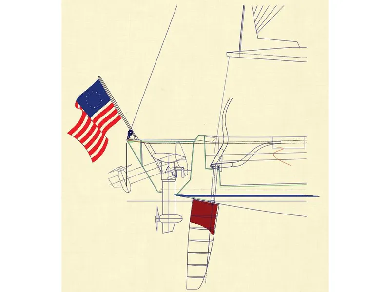Slide: The Image of Manufacturer Provided Image: Line drawing of a 2025 Tartan Fantail sailboat with an American flag. - 7