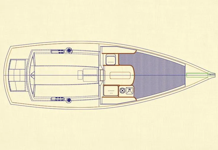 Slide: The Image of Manufacturer Provided Image: Top view schematic of a 2025 Tartan Fantail sailboat layout. - 8