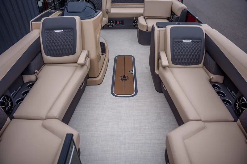 Slide: The Image of Luxurious interior of 2026 Harris Sunliner 230 pontoon boat with plush seating and modern design. - 22