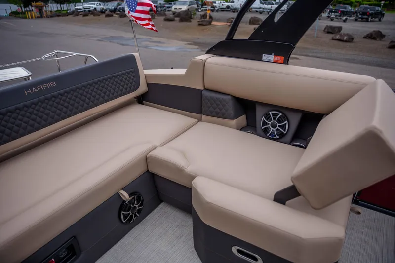 Slide: The Image of Luxurious seating on 2026 Harris Sunliner 230 boat with premium upholstery and speaker system. - 26
