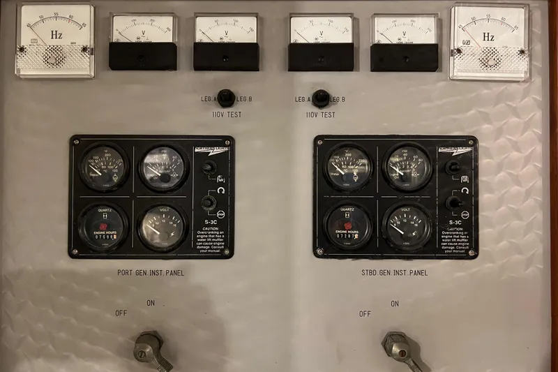 Slide: The Image of Control panel of a 1996 Monte Fino 92 yacht, featuring gauges and switches. - 39