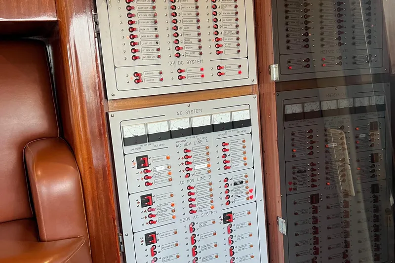Slide: The Image of Electrical control panel on a 1996 Monte Fino 92 yacht, featuring AC and DC systems. - 79