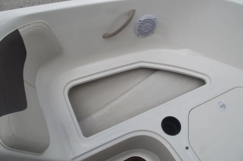 Slide: The Image of 2021 Bayliner Element E18 boat interior with storage compartment and speaker. - 7
