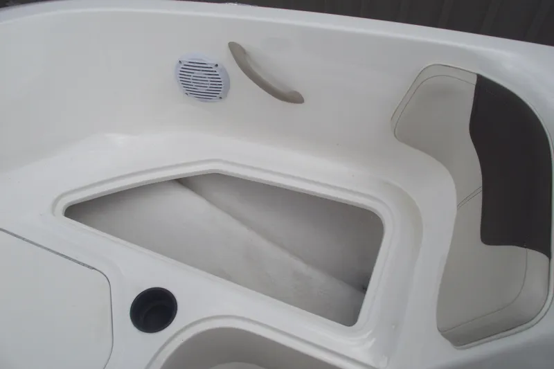 Slide: The Image of 2021 Bayliner Element E18 boat interior with storage compartment and speaker. - 8