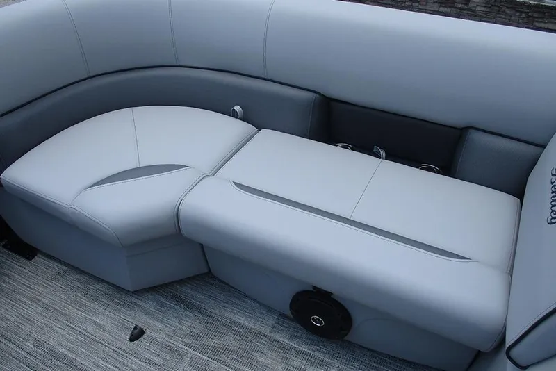 Slide: The Image of 2026 Bentley Pontoons Bolt 203 interior seating, featuring sleek gray upholstery and modern design. - 13