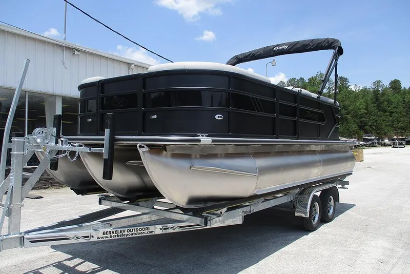 Slide: The Image of 2026 Bentley Pontoons Bolt 203 on trailer, parked outdoors near a building. - 3