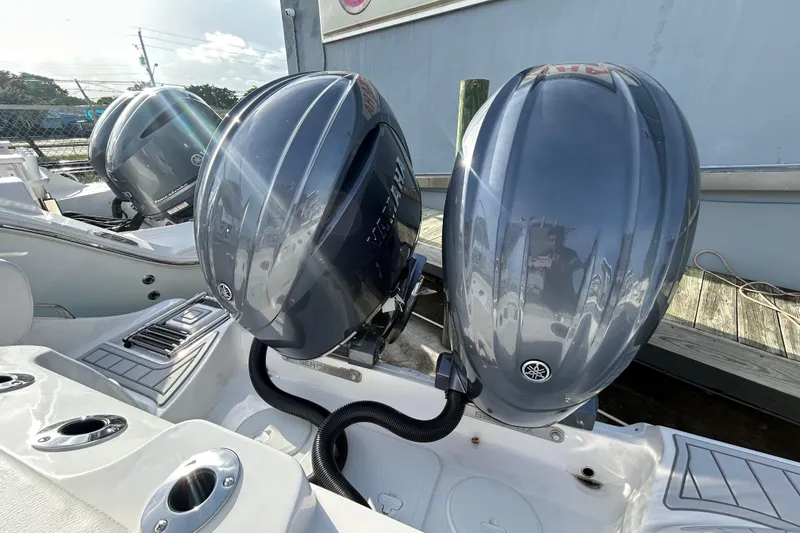 Slide: The Image of Twin Yamaha outboard engines on a 2026 Sea Fox 268 Commander boat. - 13