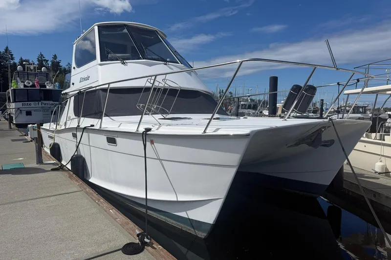 The Image of 2004 TLD Custom Power Cat docked at marina under clear blue sky. - 1