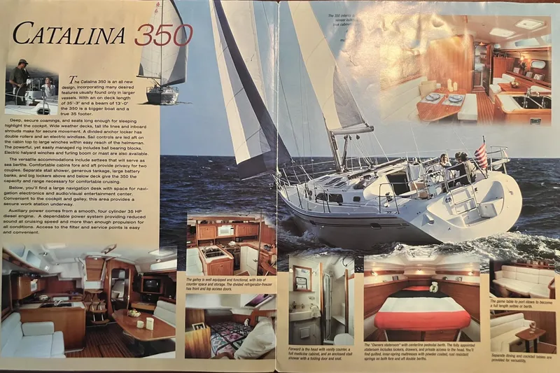 Slide: The Image of 2004 Catalina 350 sailboat brochure showcasing interior and exterior features, including spacious cabin and deck. - 4