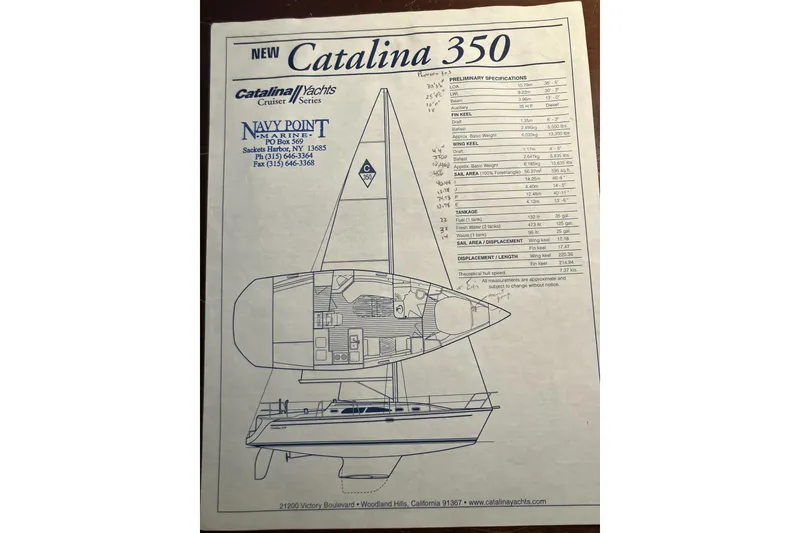 Slide: The Image of Blueprint of 2004 Catalina 350 sailboat with specifications and layout details. - 6