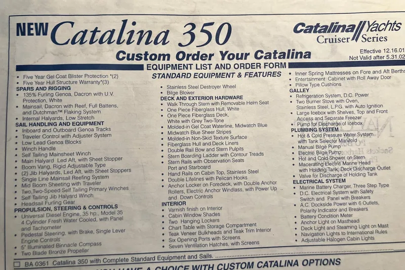 Slide: The Image of 2004 Catalina 350 equipment list and order form, featuring standard features and custom options. - 7
