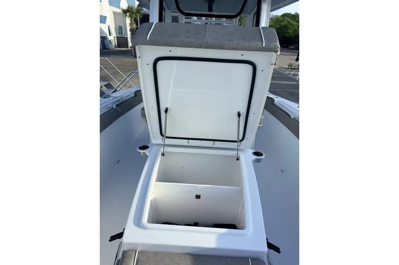 Slide: The Image of 2026 Sea Hunt Gamefish 30 Coffin Box open on deck, showcasing storage space. - 14