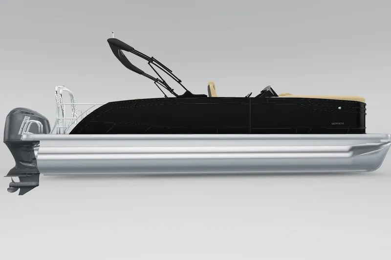 Slide: The Image of 2026 Godfrey Monaco 235 MT pontoon boat, sleek black design, side view. - 3
