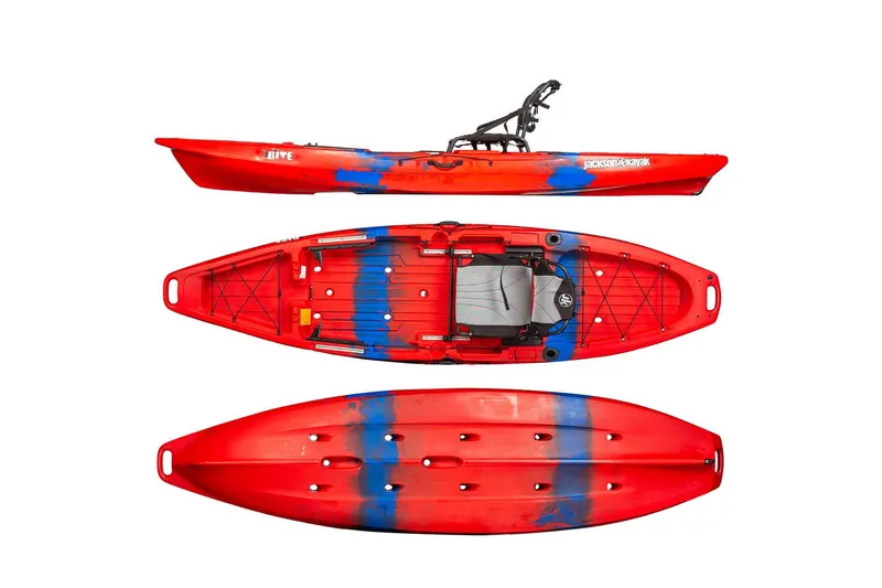 The Image of Jackson Bite Angler Dusk 2023 kayak, red-blue design, side and top view. - 1