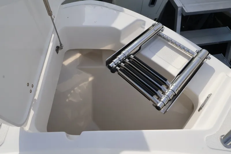 Slide: The Image of Boarding ladder in a storage compartment of a Boston Whaler 240 Vantage boat. - 37