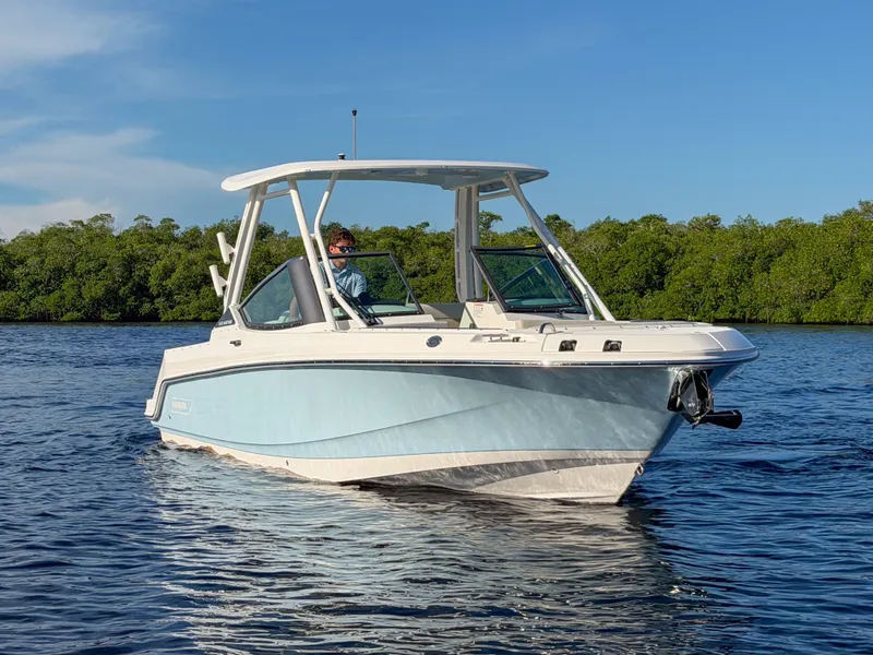 Slide: The Image of A 2027 Boston Whaler 240 Vantage on calm water, surrounded by green vegetation. - 1