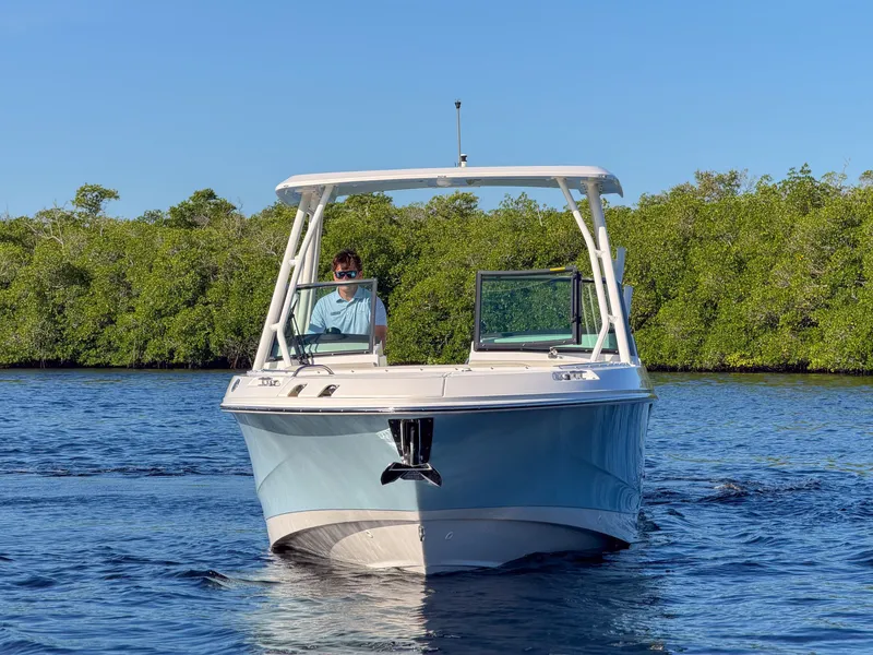 Slide: The Image of A 2027 Boston Whaler 240 Vantage cruising on calm waters with a green shoreline. - 2