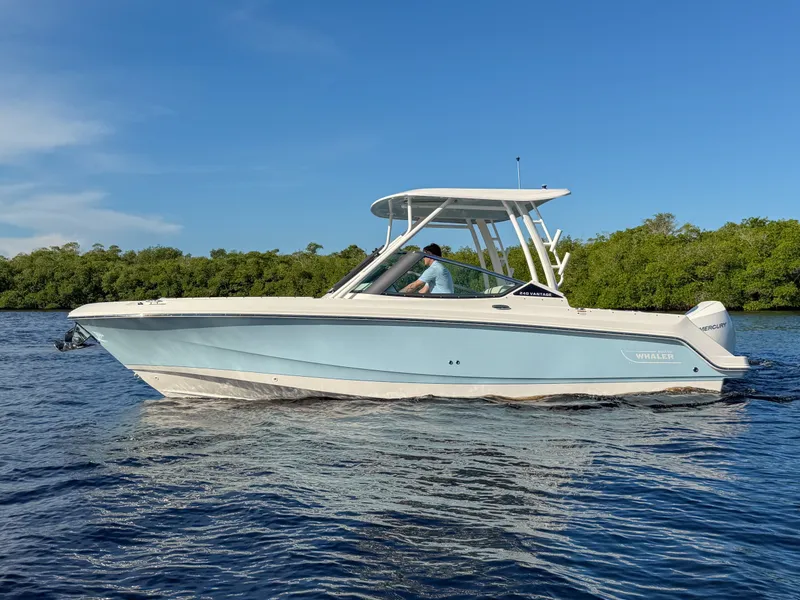 Slide: The Image of A 2027 Boston Whaler 240 Vantage on calm water, surrounded by green vegetation. - 4
