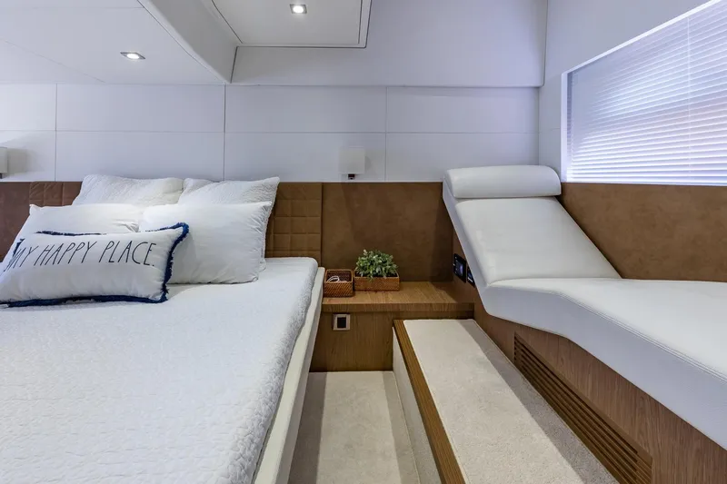 Slide: The Image of Luxurious cabin interior of 2011 Beneteau Gran Turismo 49 Fly yacht with cozy bedding. - 30