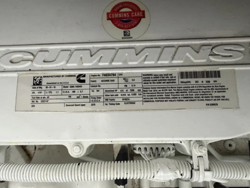 Slide: The Image of Cummins engine label on 2017 Sea Ray Sundancer 400. - 49